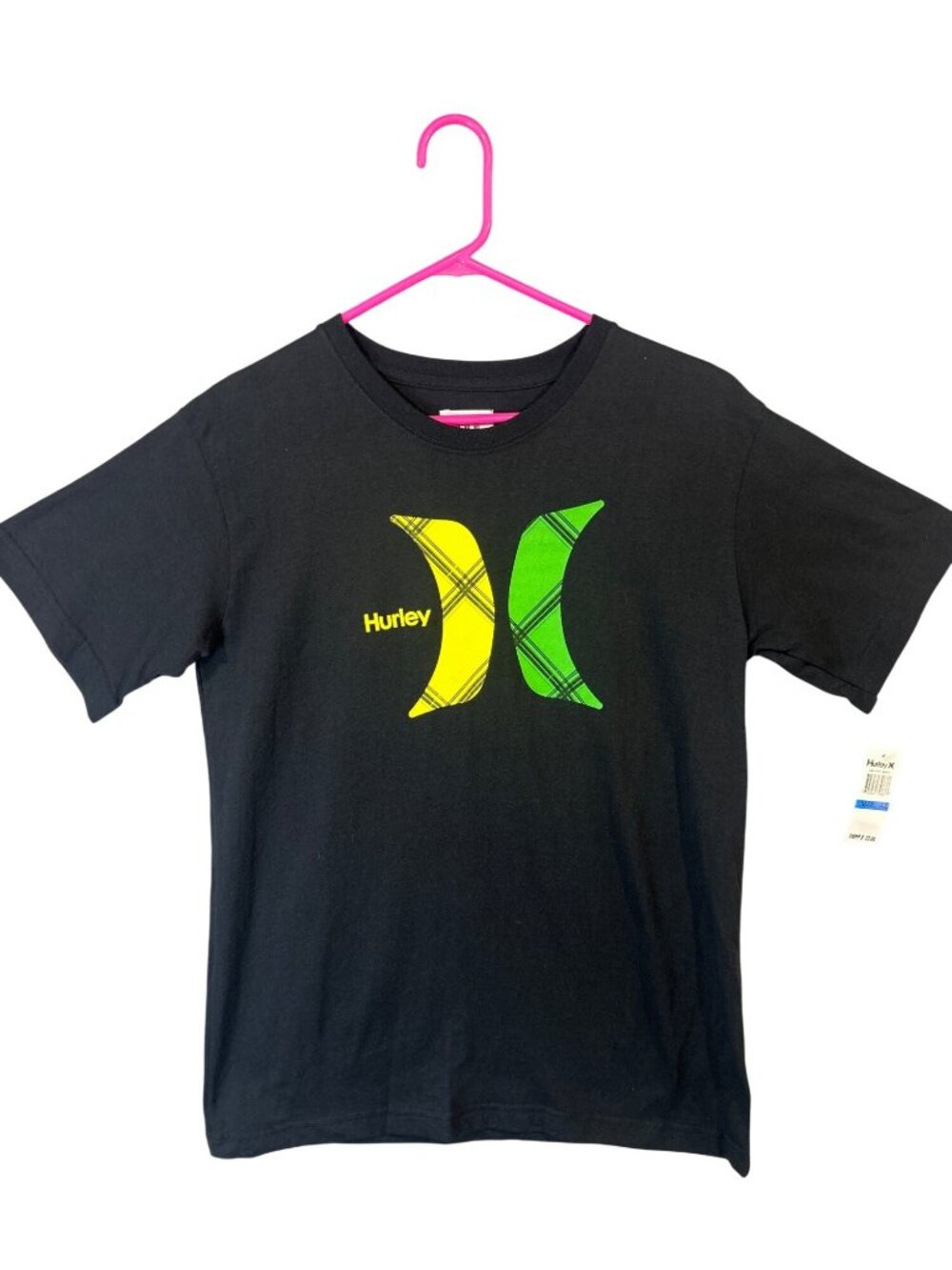 Hurley Youth Size XL Black T-Shirt Neon Green, Yellow Plaid Logo 100% Cotton NWT